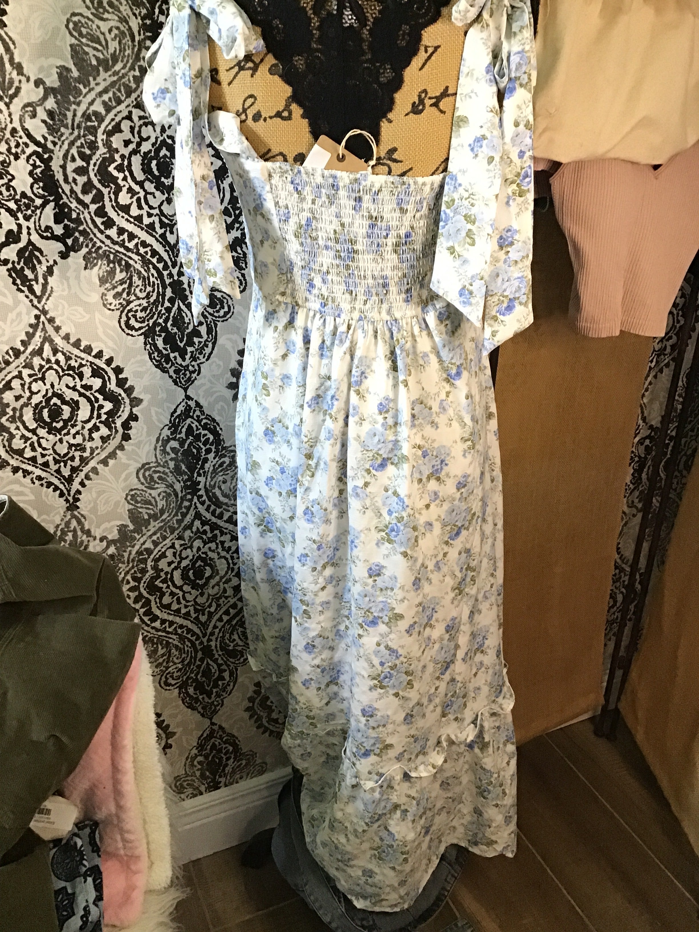 Blue Flora Tie Strap Maxi Dress
