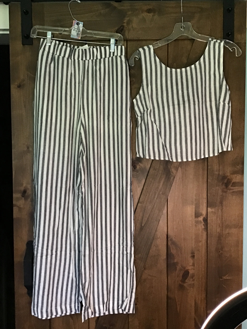 Navy Stripe Linen Sleeveless Back Tie Top W/ Wide Leg Pants