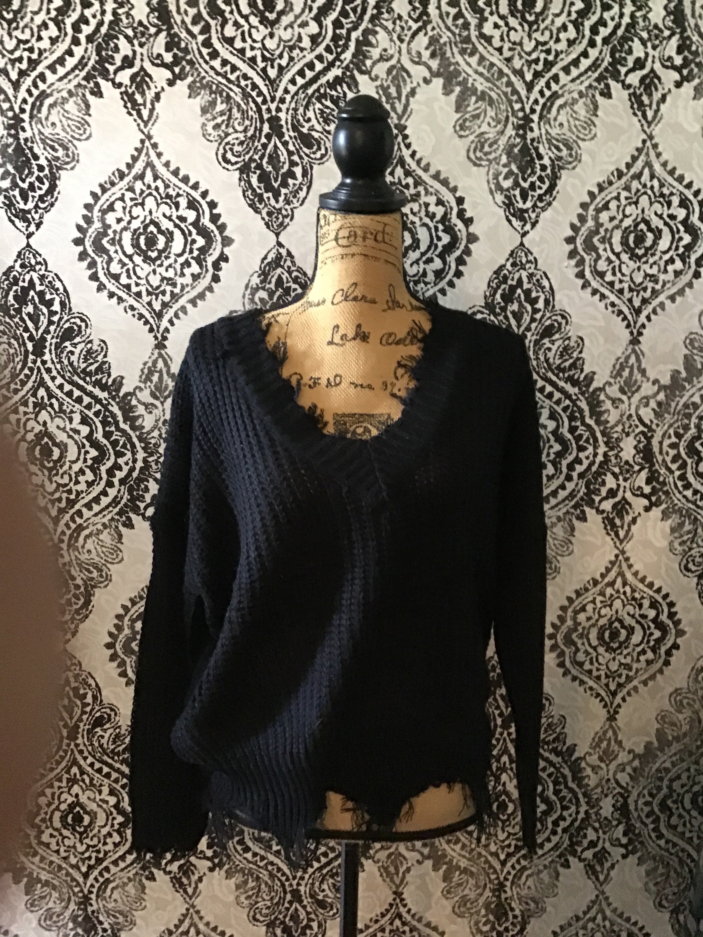 MainStrip Black Frayed Sweater