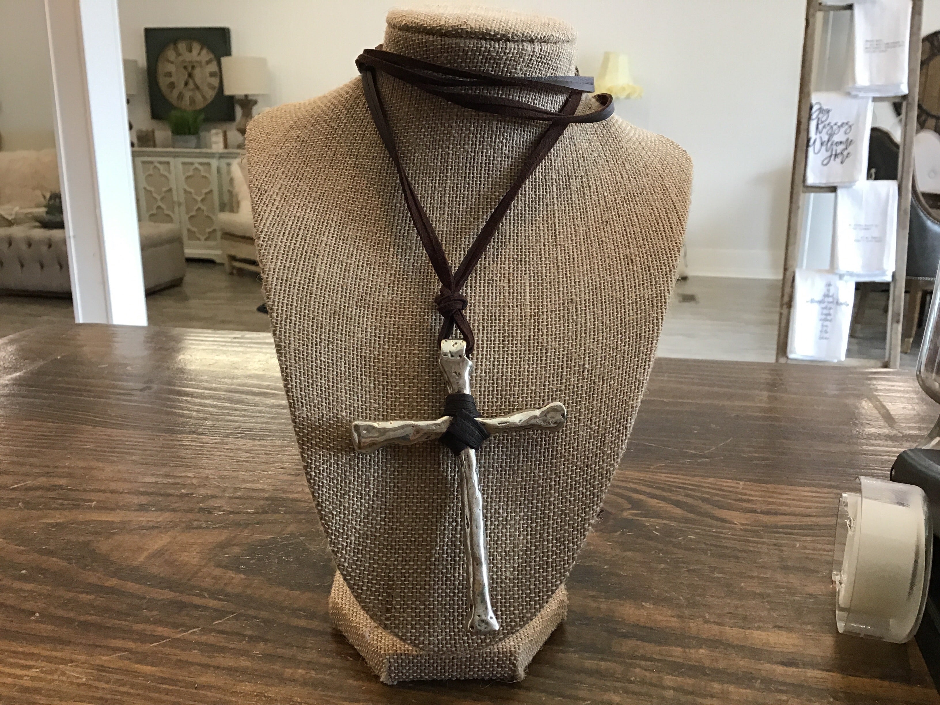 Leather Necklace w/ Hammered Metal Cross