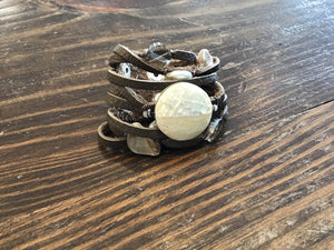 Multi Strand Grey Leather Bracelet w/ Stone Accents